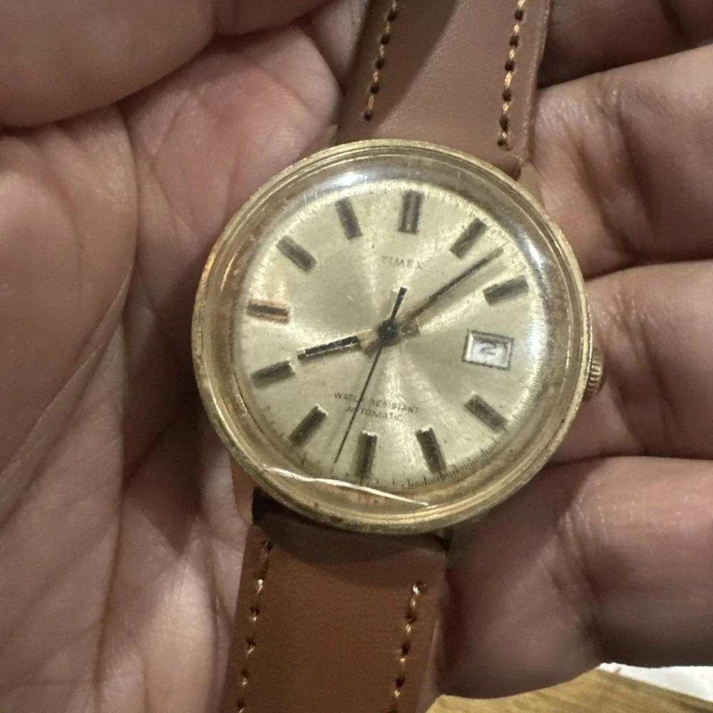 Works Vintage Timex Viscount Automatic Mens Watch Gold Tone 35mm New Strap 7.5in